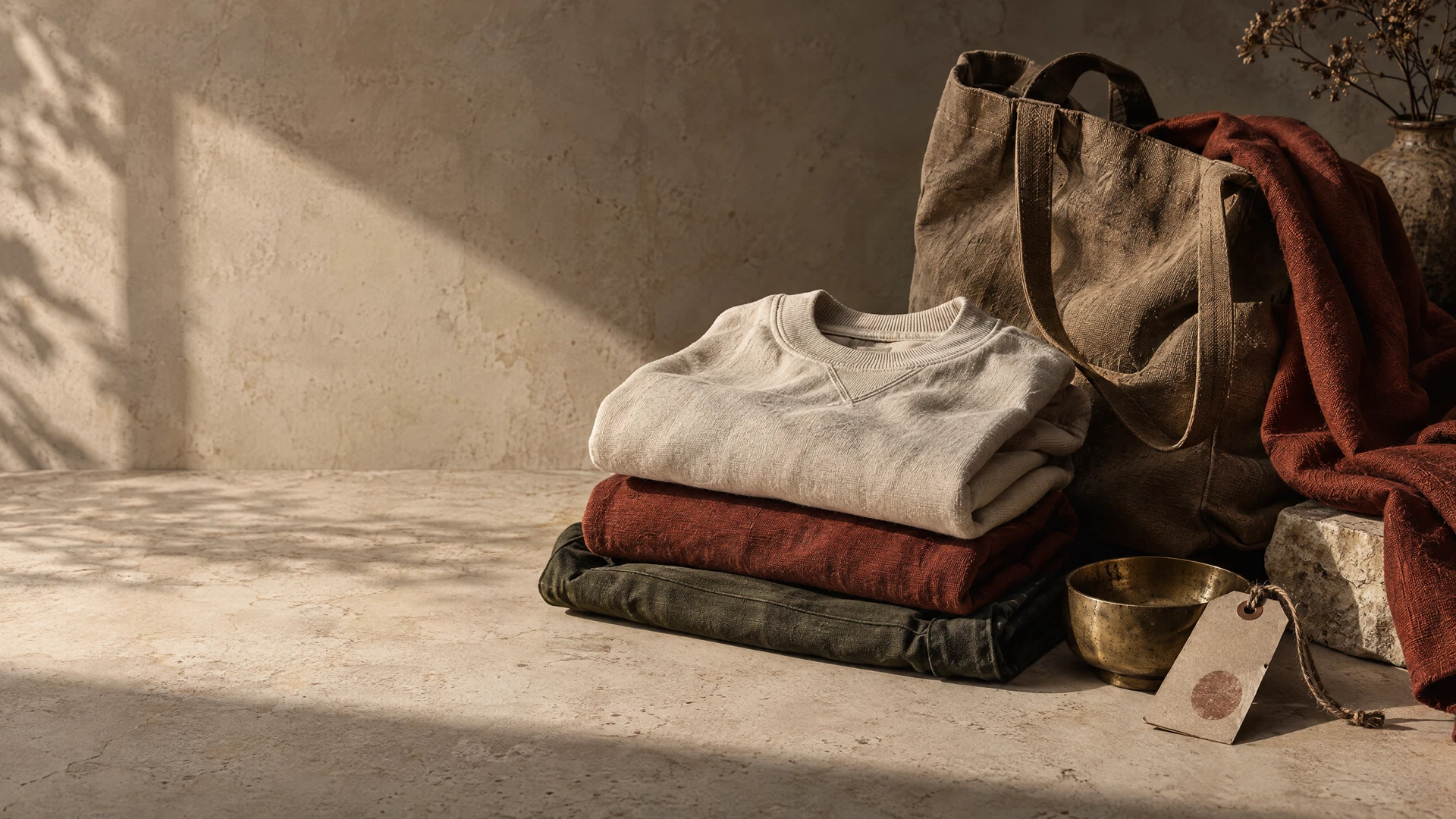 Folded apparel, canvas goods, and a stamped paper tag arranged as a heritage-inspired still life